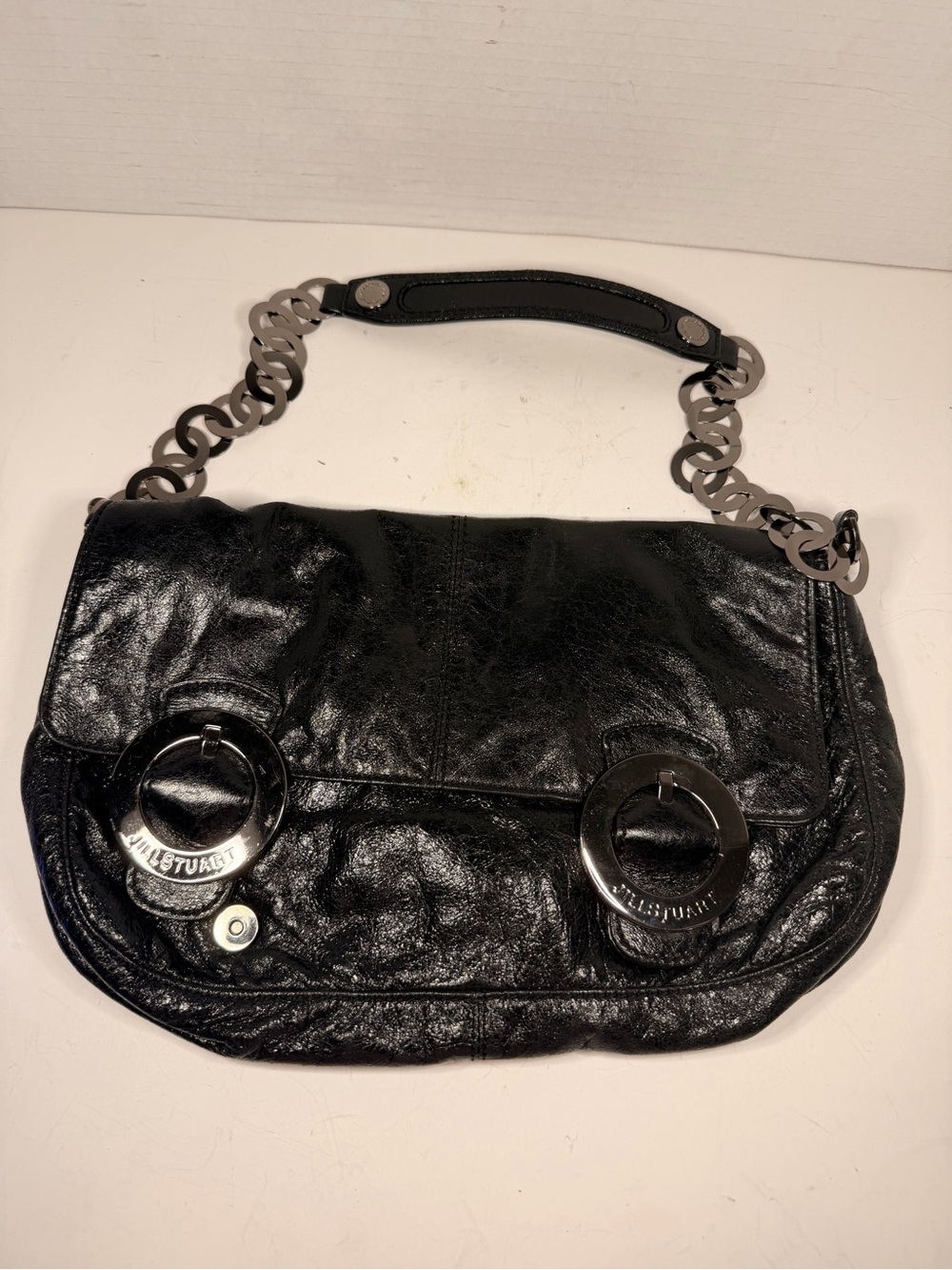 Jill Stuart Black Patent
Leather Shoulder Bag with Silver-Tone Ring Details